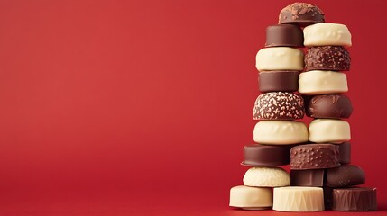 Tower of Chocolates Made Completely of Creamy Delights Stacked Against a Red Background