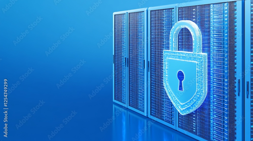 Poster digital data security concept with lock symbol and server rack background in blue color scheme