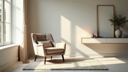 Serene living room interior design featuring a comfortable armchair bathed in sunlight, complemented by minimalist decor and a calming atmosphere.
