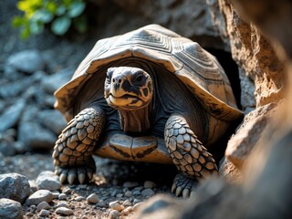 Naklejka premium Tortoise peeking out from rocky burrow with curious expression and textured shell