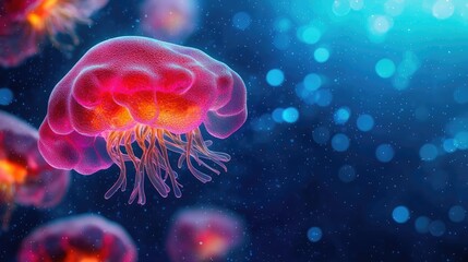 Obraz premium Marine environment microscopic idea. A vibrant jellyfish swimming gracefully in the deep ocean, illuminated by soft blue light.