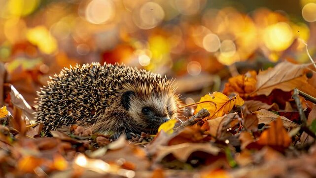 Adorable hedgehog nestled in autumn leaves with warm sunlight AI