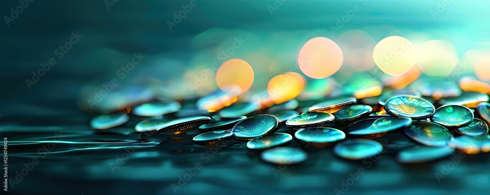 Poster microscopic ocean life microscopic concept. dew droplets on a surface reflecting soft light, creatin
