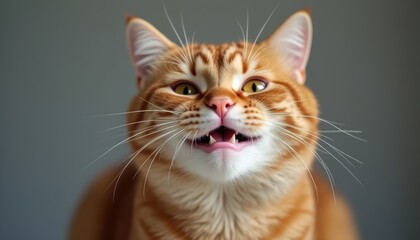 Obraz premium Cute smiling kitten with a charming expression, Ginger fur stands out against the red background.