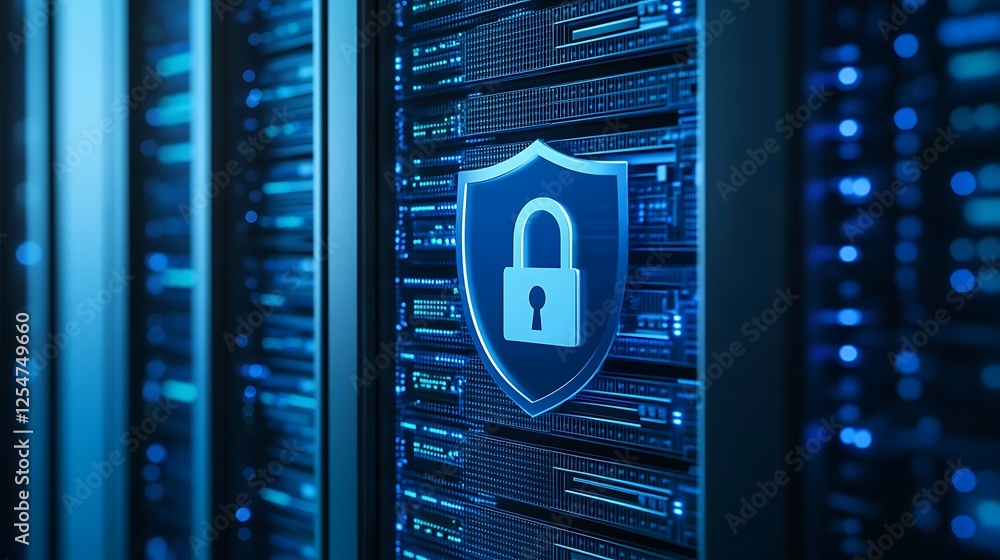 Poster digital data security concept with shield symbol on server rack in modern data center environment