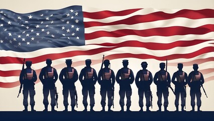Memorial Day - American flag with soldiers' silhouettes banne, holiday banner poster background for advertisement ads