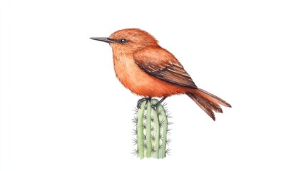 Fototapeta premium Vibrant orange bird perched on a green cactus against a white background, showcasing nature