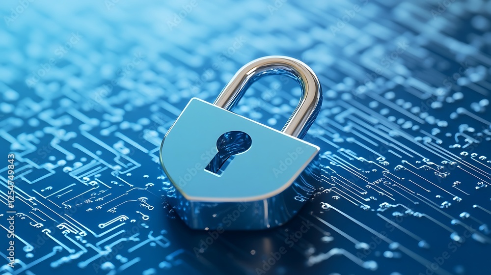 Poster digital lock and circuit board background representing cyber security and data protection concept