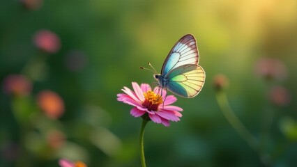 Obraz premium A delicate iridescent butterfly rests gently on a vibrant pink flower, bathed in the soft glow of the morning sun, amidst a field of blurred wildflowers.