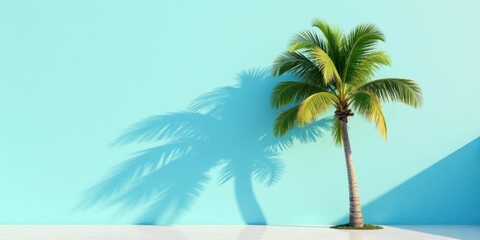 Obraz premium Serene Palm Tree Silhouette Casts a Shadow Against a Light Blue Wall