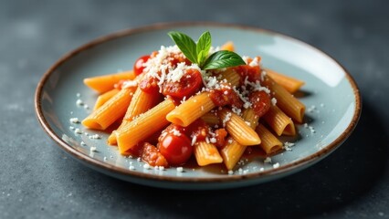 A delectable plate of penne pasta in a vibrant tomato sauce, delicately adorned with freshly grated cheese and a sprig of basil, presented on a stylish, subtly textured plate.