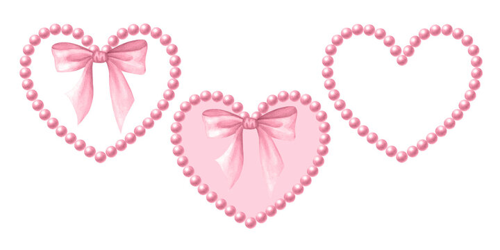 Heart shape frame made of pastel pink beads with bow. Coquette core, girly and lady style. Watercolor hand drawn isolated illustration set of delicate trendy accessories for wedding, cutecore design.