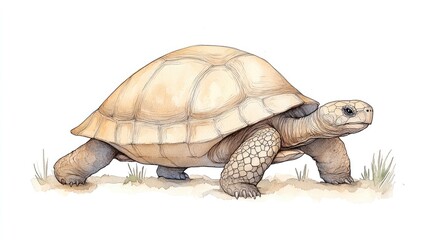 Obraz premium Detailed illustration of a tortoise walking on sandy ground with grass in the background