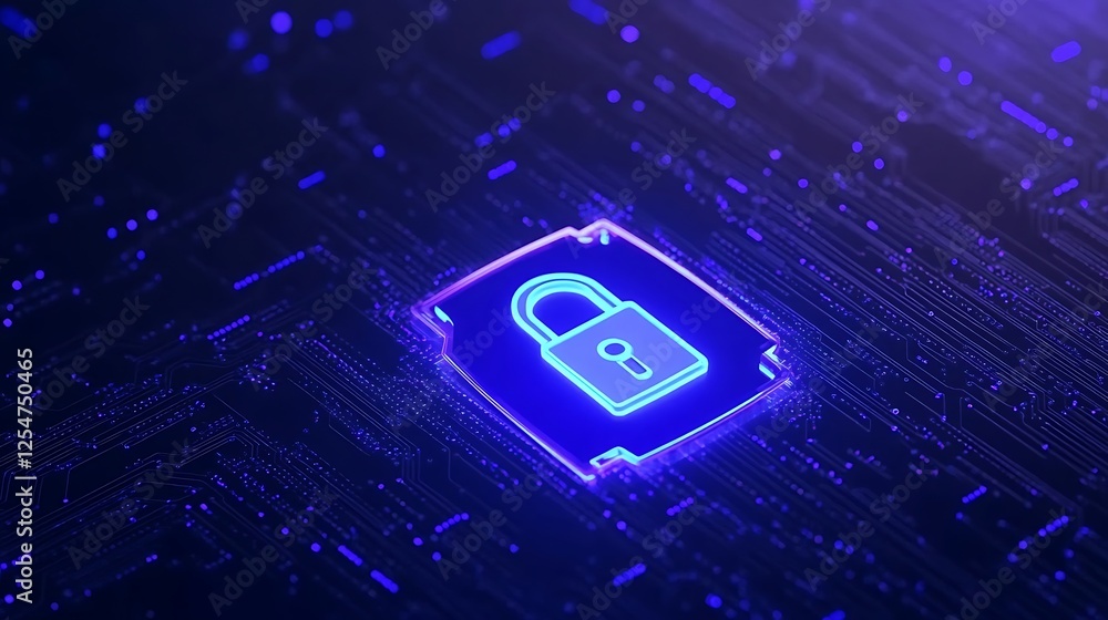 Poster digital lock icon over circuit board with glowing neon effect for cyber security concept