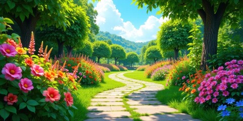 Fototapeta premium Serene Pathway Winding Through a Vibrant Spring Garden Landscape with Lush Greenery and Colorful Blossoms