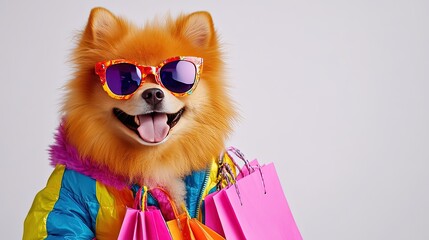 A cool-looking dog confidently posing in a trendy fashion outfit, wearing a stylish jacket, colorful tie, and sleek glasses