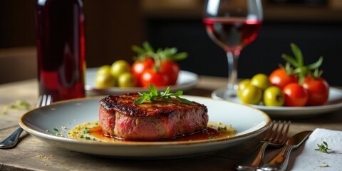 A succulent grilled steak, resting on a bed of savory sauce, is elegantly presented on a plate, accompanied by a vibrant medley of ripe tomatoes and olives, enhancing the rich culinary experience.