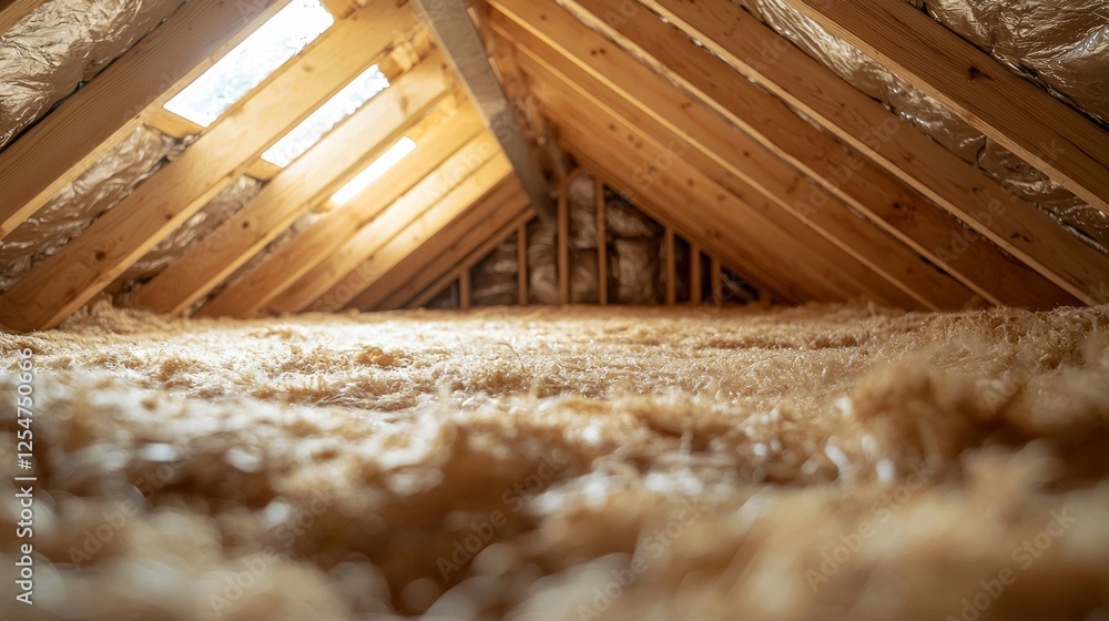 Poster soft golden light filters through windows in a serene attic, revealing warm wooden beams and a layer