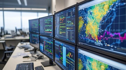 AI-generated climate models present detailed data visualizations and graphs across various screens in a cutting-edge research lab, highlighting the fusion of technology and environmental science.