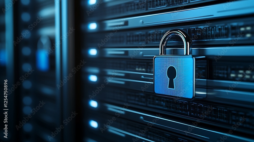 Poster digital lock on secure server rack representing cybersecurity and data protection in technology envi