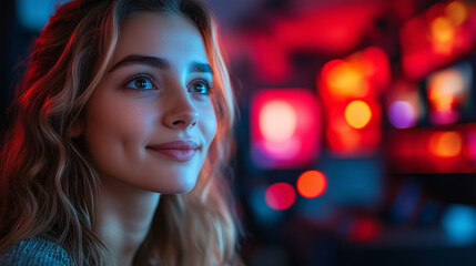 Young Woman Neon Lights Dreamy Portrait