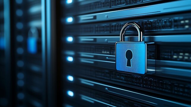 Digital Lock on Secure Server Rack Representing Cybersecurity and Data Protection in Technology Environment