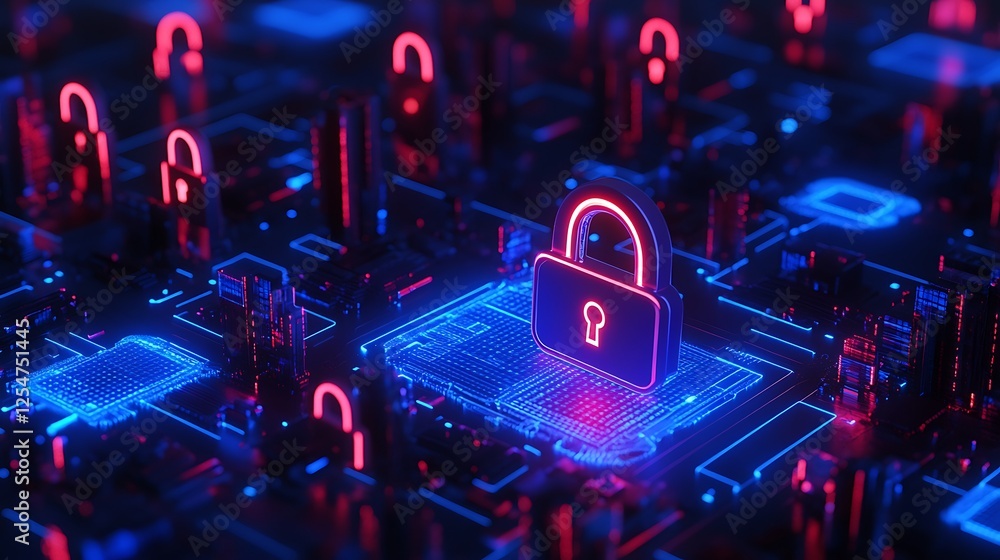Poster digital lock symbol on circuit board with neon lights among data structures in cybersecurity concept