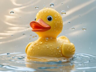 A yellow rubber duck toy with water droplets