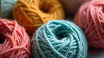 Colorful Yarn Balls Close-Up: Soft Wool Skeins in Pastel Shades for Knitting and Crochet Projects, Craft Supplies, Textile Art, and Hobby Materials