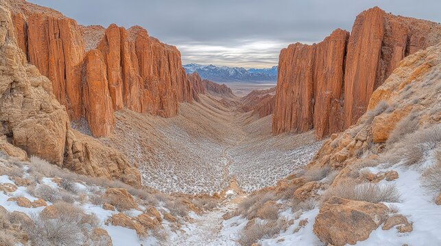 Stunning view of rugged red rock formations in a snow-covered valley under a cloudy sky