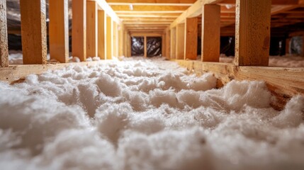 Beneath a wooden framework, a thick layer of soft insulation blankets the attic floor. Subdued lighting creates a warm atmosphere, inviting exploration