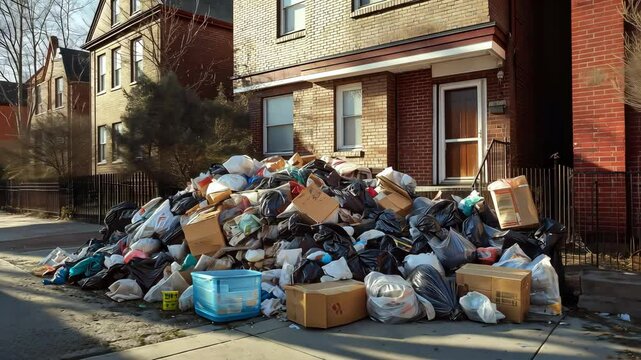 A pile of overflowing trash in front of a townhouse, Urban pollution and the problem of unmanaged trash	