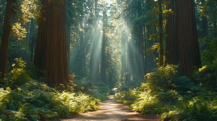 Obraz premium Serene forest path illuminated by sunlight filtering through towering trees and lush greenery