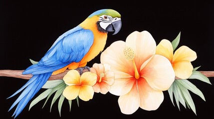 Vibrant macaw perched on a branch surrounded by colorful hibiscus flowers against a black backdrop