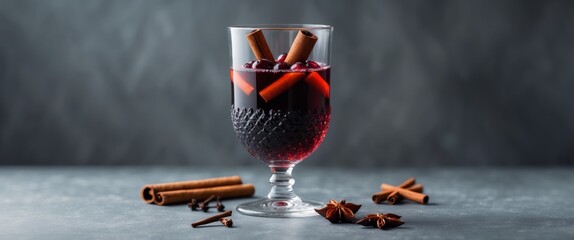 Mulled Red Wine in Glass with Spices on Dark Background Perfect for Holiday Celebrations and Festive New Year Promotions