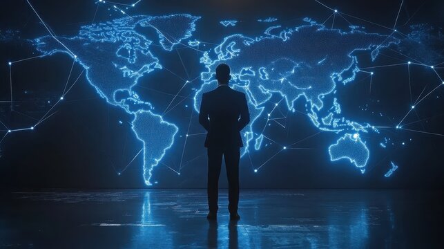Fototapeta A man stands in front of a large blue screen that shows a map of the world