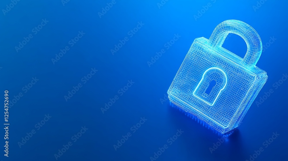 Poster digital padlock in a futuristic wireframe design representing security and privacy concepts