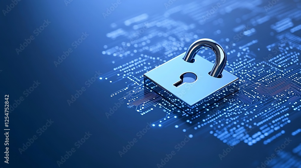 Poster digital padlock symbolizing cybersecurity and data protection on futuristic technology background
