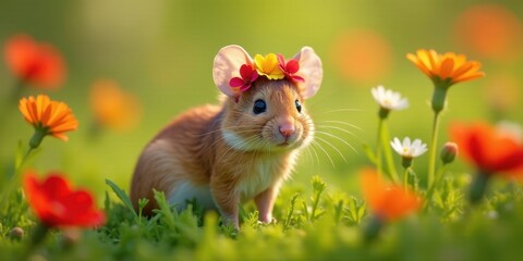 Adorable small rodent wearing a floral crown amidst vibrant wildflowers in a lush meadow