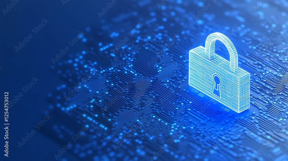 Poster digital privacy concept with glowing lock symbol and circuit board background for cybersecurity illu