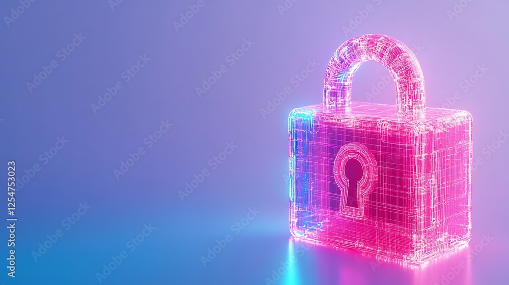 Poster digital representation of a glowing padlock symbolizing cybersecurity and data protection in a futur