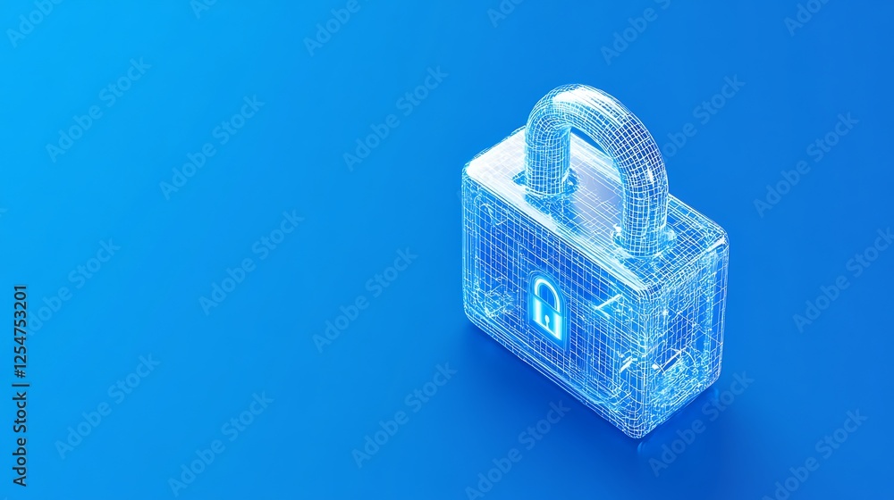 Poster digital representation of secure padlock in wireframe design on blue background for cybersecurity co
