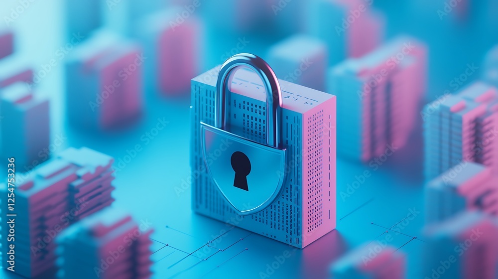 Poster digital secure lock on data cloud architecture with urban building concept in neon colors and cyber 