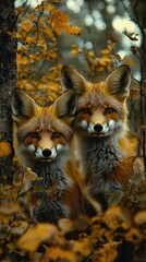 Fototapeta premium Two foxes standing amidst autumn foliage in a serene forest setting, showcasing nature's beauty