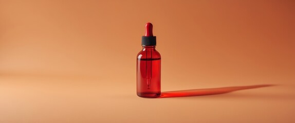 Red Dropper Bottle with Serene Shadow on Vibrant Orange Background