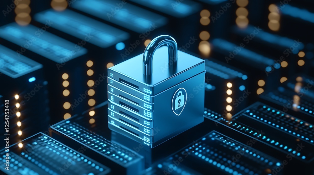 Poster Digital security concept featuring a padlock on a server array representing data protection and cybersecurity