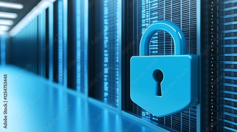 Poster digital security concept featuring blue lock symbol against background of server racks in data cente