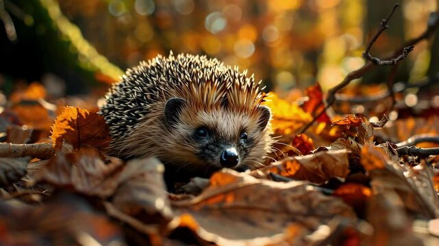 Adorable hedgehog nestled in vibrant autumn leaves in sunlit forest AI