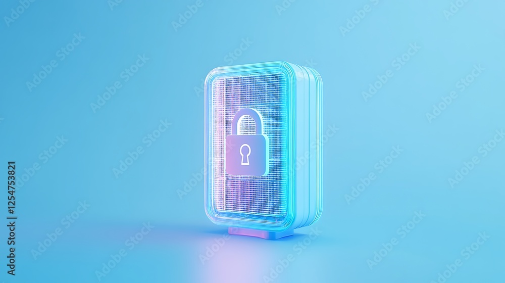 Poster digital security concept with a glowing lock on a blue background representing data protection and p