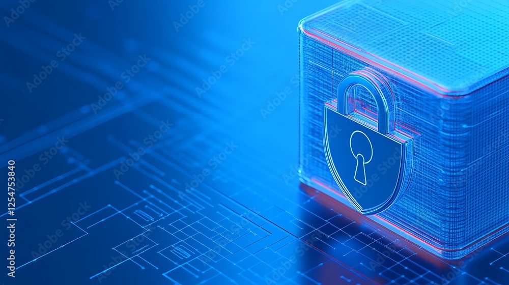 Poster digital security concept with a lock icon and circuit board background in blue tones